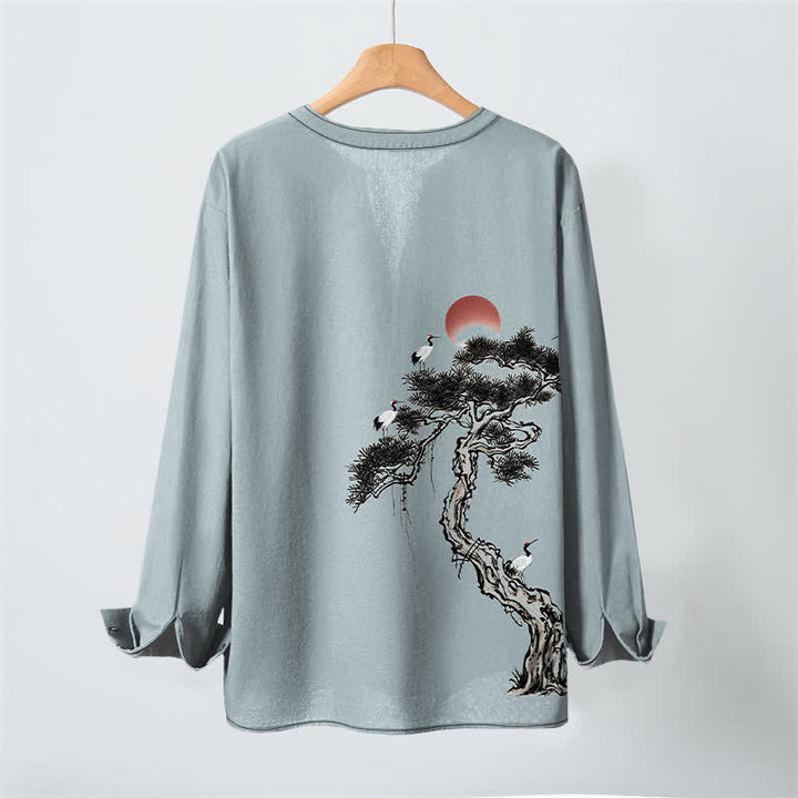 Buddha Stones Cotton Ink Pine Red Sun Birds Pattern V-Neck Buttons Men's Long Sleeve Shirts - image 17