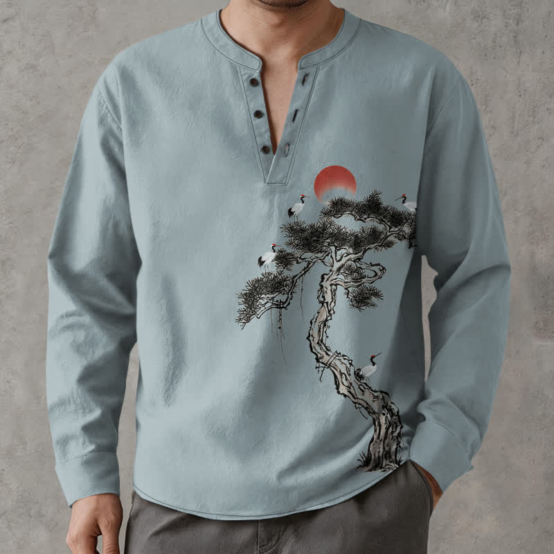 Buddha Stones Cotton Ink Pine Red Sun Birds Pattern V-Neck Buttons Men's Long Sleeve Shirts - image 15