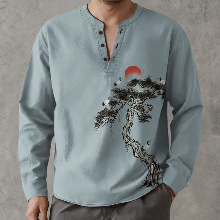 Buddha Stones Cotton Ink Pine Red Sun Birds Pattern V-Neck Buttons Men's Long Sleeve Shirts - image 15