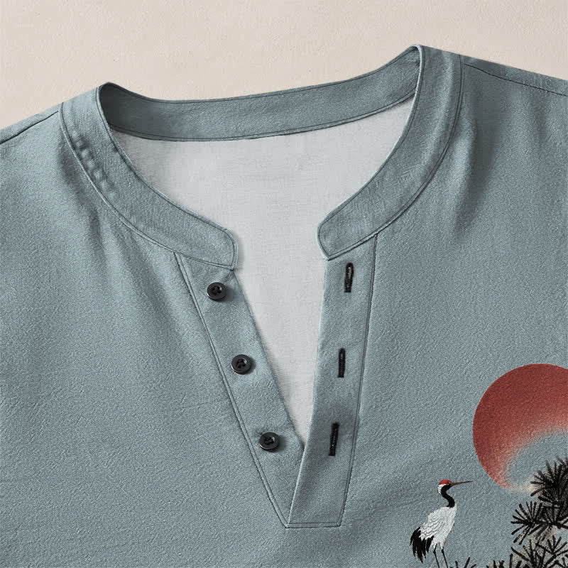 Buddha Stones Cotton Ink Pine Red Sun Birds Pattern V-Neck Buttons Men's Long Sleeve Shirts - image 18