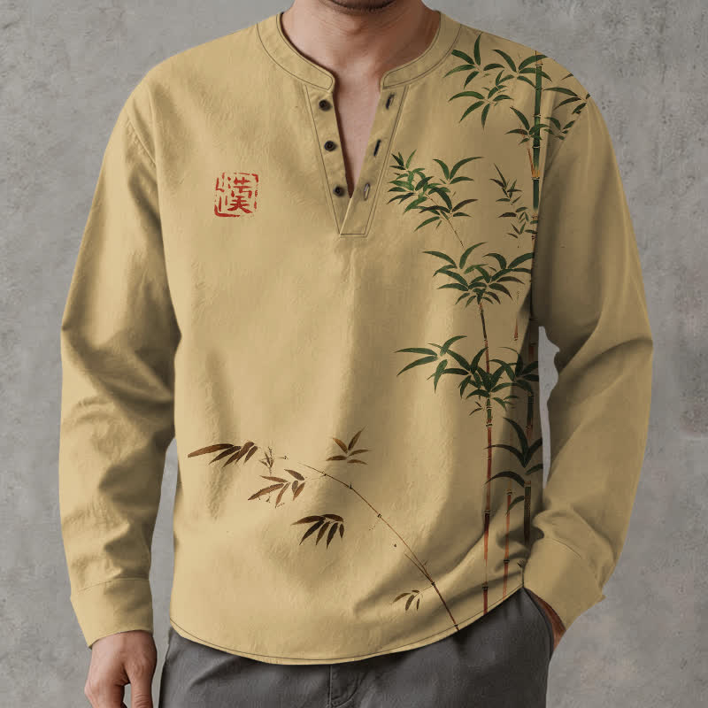 Buddha Stones Cotton Eastern Bamboo Seal Pattern V-Neck Buttons Men's Long Sleeve Shirts - image 1