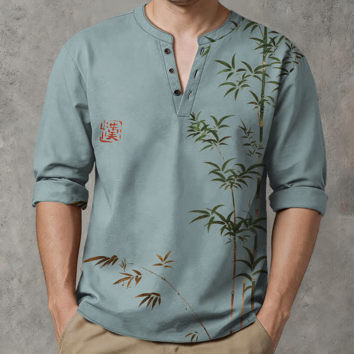 Buddha Stones Cotton Eastern Bamboo Seal Pattern V-Neck Buttons Men's Long Sleeve Shirts - CadetBlue - US/UK/AU48，EU58 (4XL) - image 14