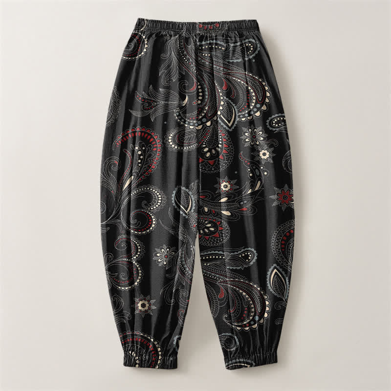 Buddha Stones Pure Cotton Ethnic Floral Paisley Pattern Drawstring Men's Harem Pants With Pockets - image 14