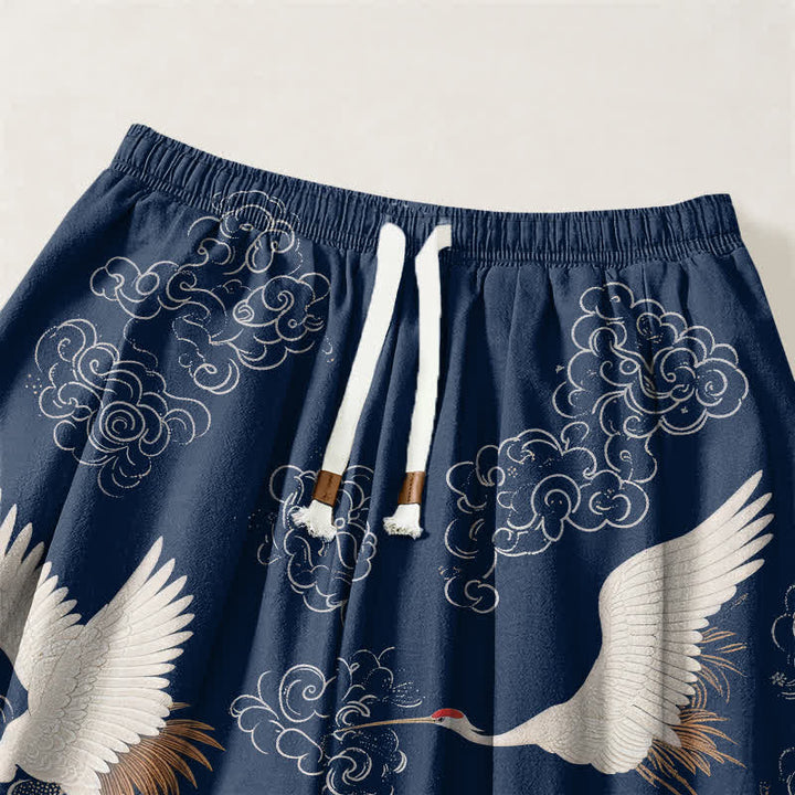 Buddha Stones Pure Cotton White Crane Wave Pattern Drawstring Men's Harem Pants With Pockets - image 3