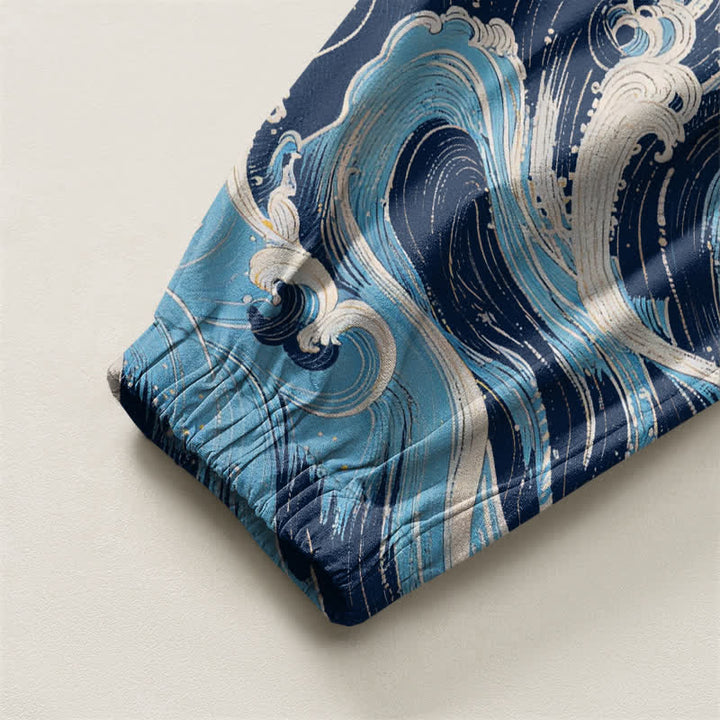 Buddha Stones Pure Cotton White Crane Wave Pattern Drawstring Men's Harem Pants With Pockets - image 4