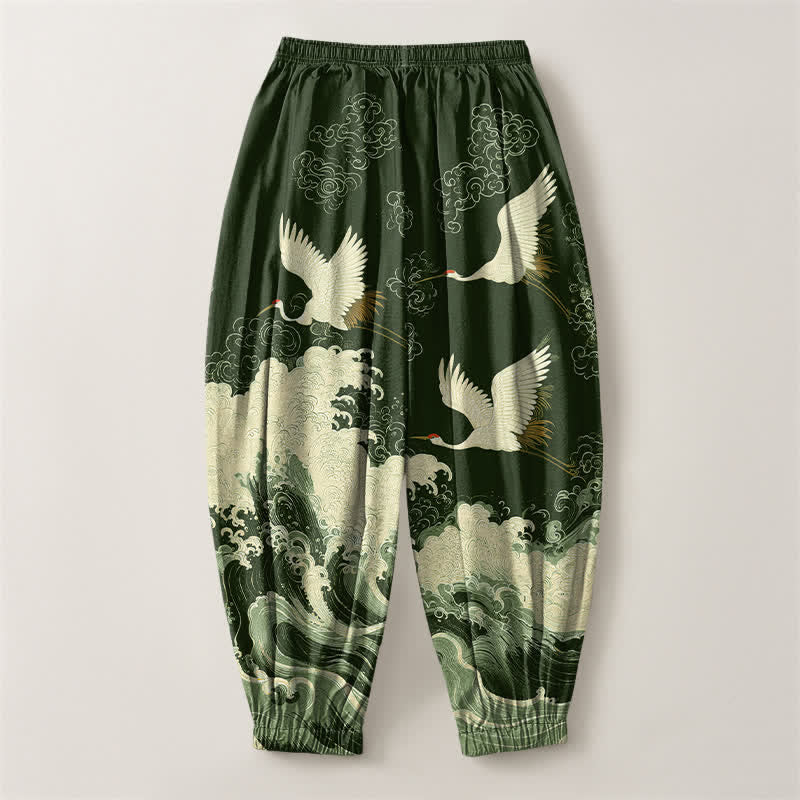 Buddha Stones Pure Cotton White Crane Wave Pattern Drawstring Men's Harem Pants With Pockets - image 8