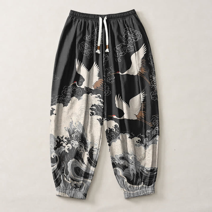 Buddha Stones Pure Cotton White Crane Wave Pattern Drawstring Men's Harem Pants With Pockets - image 13