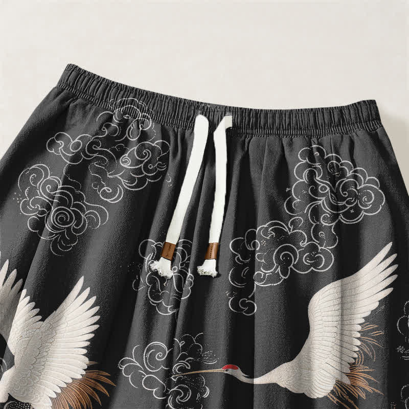 Buddha Stones Pure Cotton White Crane Wave Pattern Drawstring Men's Harem Pants With Pockets - image 15