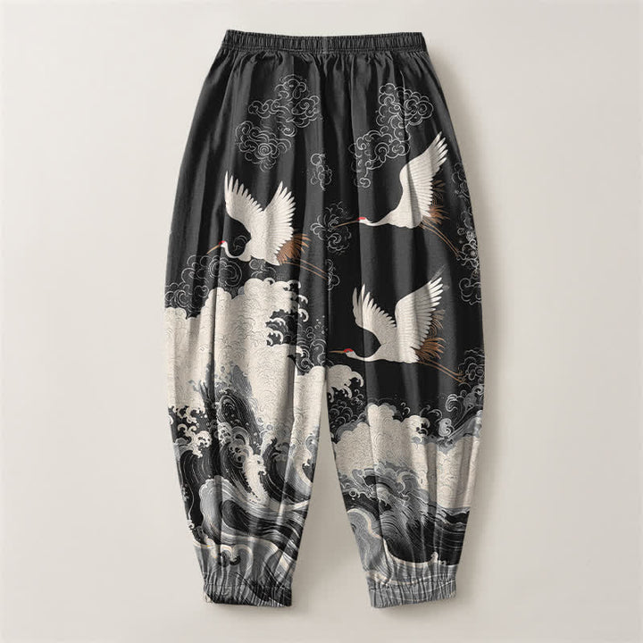 Buddha Stones Pure Cotton White Crane Wave Pattern Drawstring Men's Harem Pants With Pockets - image 14
