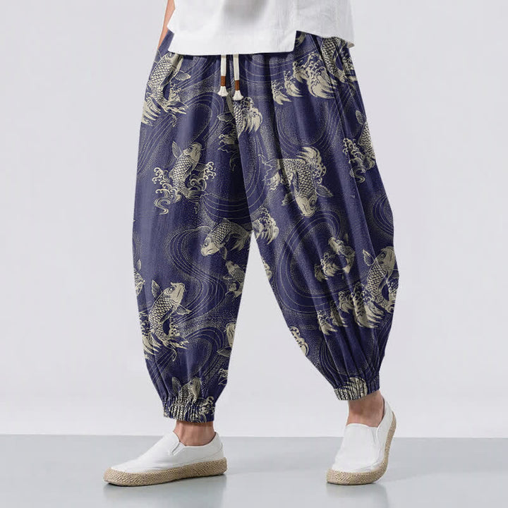 Buddha Stones Pure Cotton Koi Ripple Pattern Drawstring Men's Harem Pants With Pockets - Navy - US/UK/AU50，EU60 (5XL) - image 0