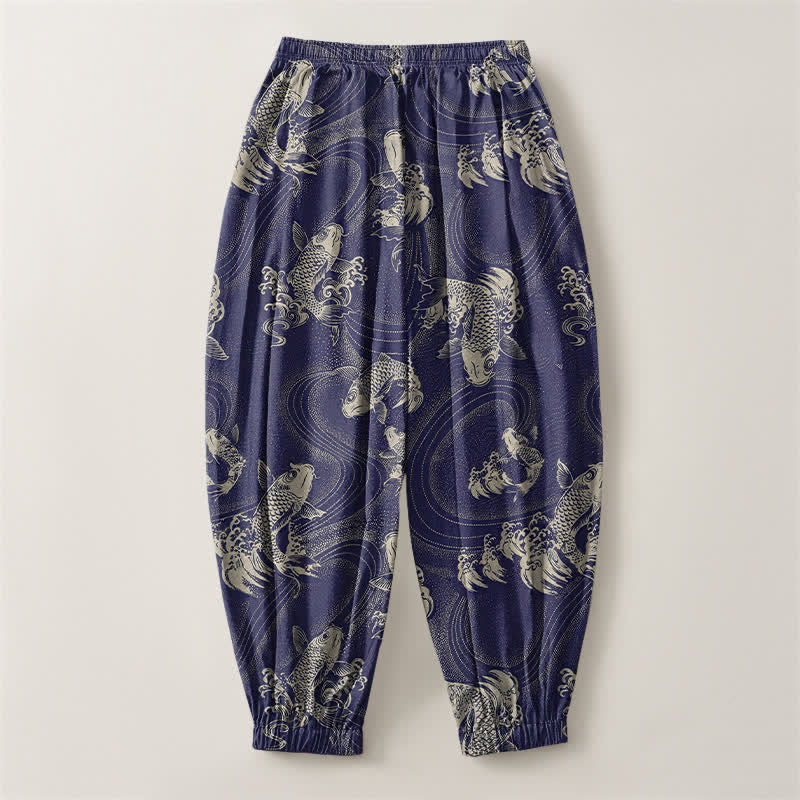 Buddha Stones Pure Cotton Koi Ripple Pattern Drawstring Men's Harem Pants With Pockets - image 2