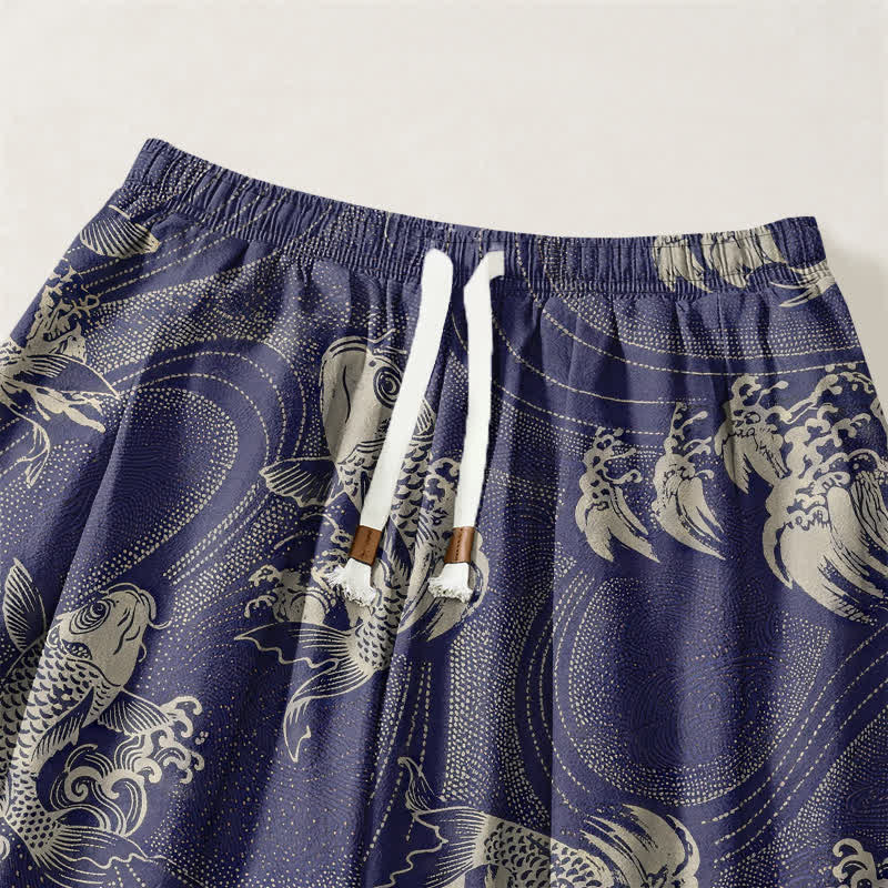 Buddha Stones Pure Cotton Koi Ripple Pattern Drawstring Men's Harem Pants With Pockets - image 3