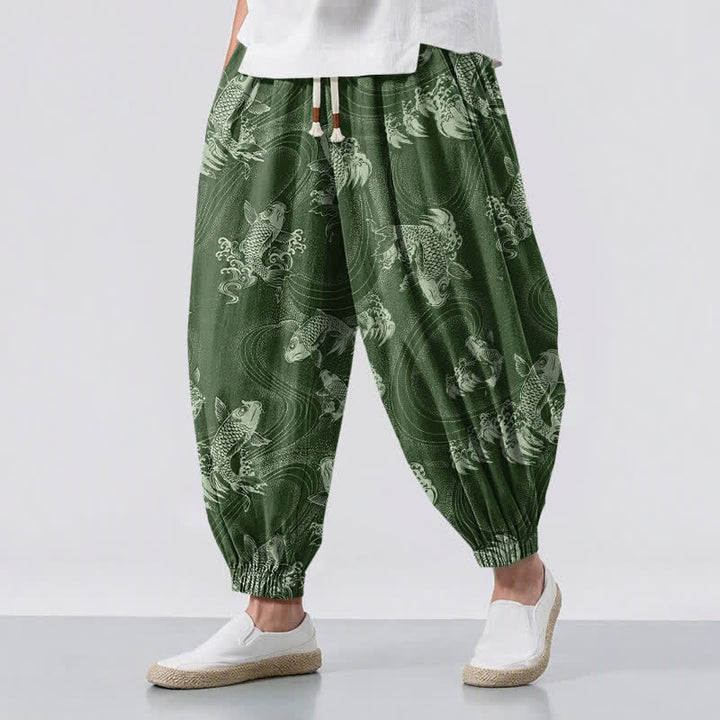 Buddha Stones Pure Cotton Koi Ripple Pattern Drawstring Men's Harem Pants With Pockets - OliveDrab - US/UK/AU50，EU60 (5XL) - image 6