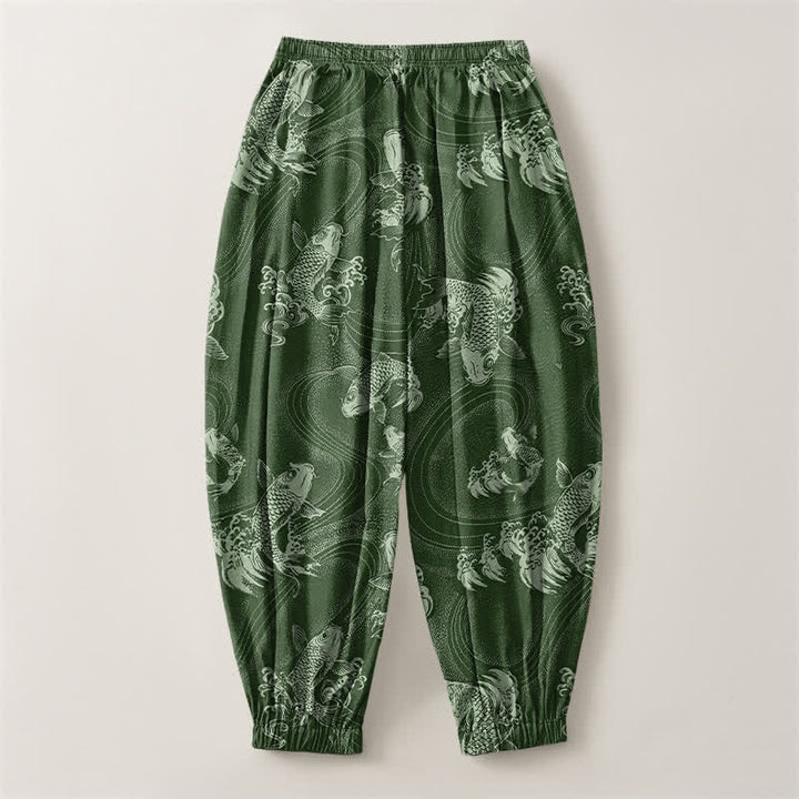 Buddha Stones Pure Cotton Koi Ripple Pattern Drawstring Men's Harem Pants With Pockets - image 8