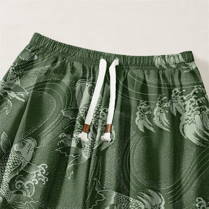 Buddha Stones Pure Cotton Koi Ripple Pattern Drawstring Men's Harem Pants With Pockets - image 9