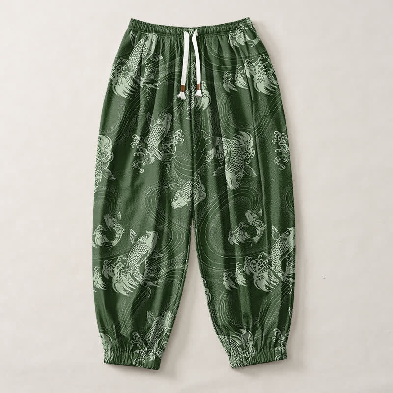 Buddha Stones Pure Cotton Koi Ripple Pattern Drawstring Men's Harem Pants With Pockets - image 7
