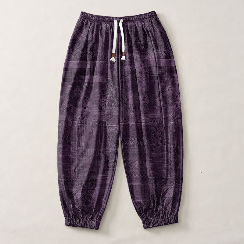 Buddha Stones Pure Cotton Shadow Paisley Pattern Drawstring Men's Harem Pants With Pockets - image 7