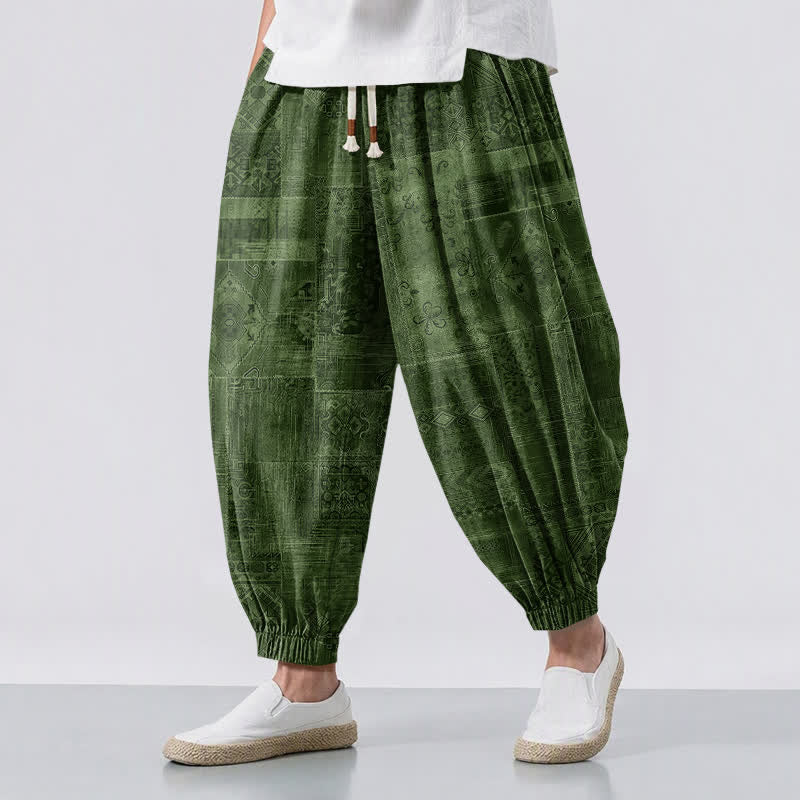 Buddha Stones Pure Cotton Shadow Paisley Pattern Drawstring Men's Harem Pants With Pockets - DarkOliveGreen - US/UK/AU50，EU60 (5XL) - image 12
