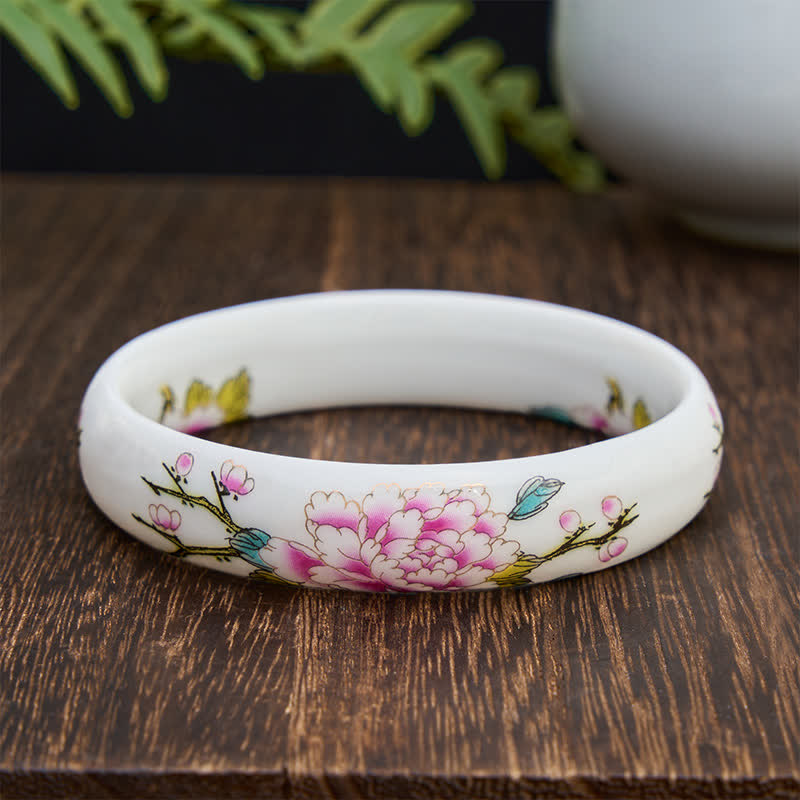 Buddha Stones Ceramic Elegant Peony Purity Hand-Painted Bracelet Bangle - Wide - image 0