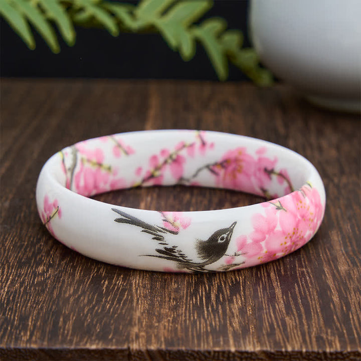 Buddha Stones Ceramic Hand-Painted Magpie Flowers Elegance Bracelet Bangle - Wide - image 6