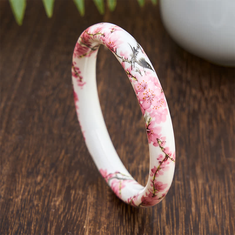 Buddha Stones Ceramic Hand-Painted Magpie Flowers Elegance Bracelet Bangle - image 1