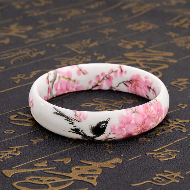 Buddha Stones Ceramic Hand-Painted Magpie Flowers Elegance Bracelet Bangle - image 9