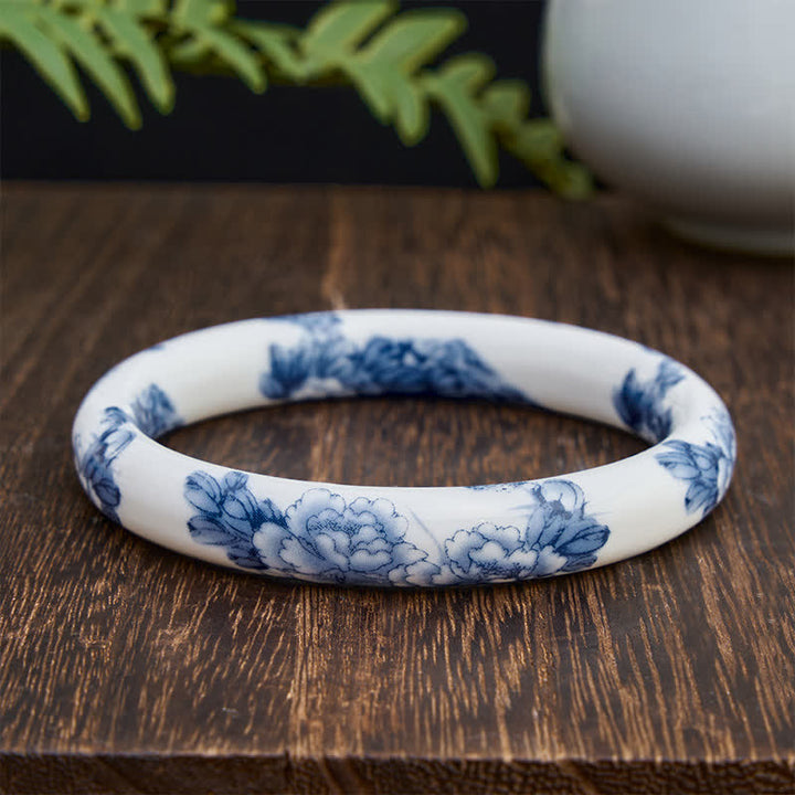 Buddha Stones Ceramic Purity Blue Peony Floral Bracelet Bangle - Round - image 0