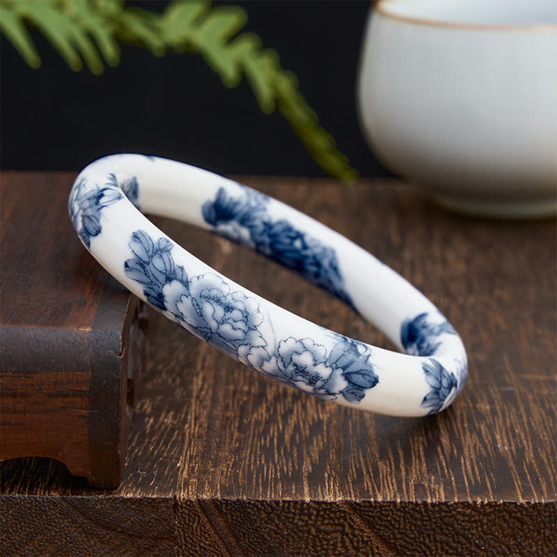 Buddha Stones Ceramic Purity Blue Peony Floral Bracelet Bangle - image 1