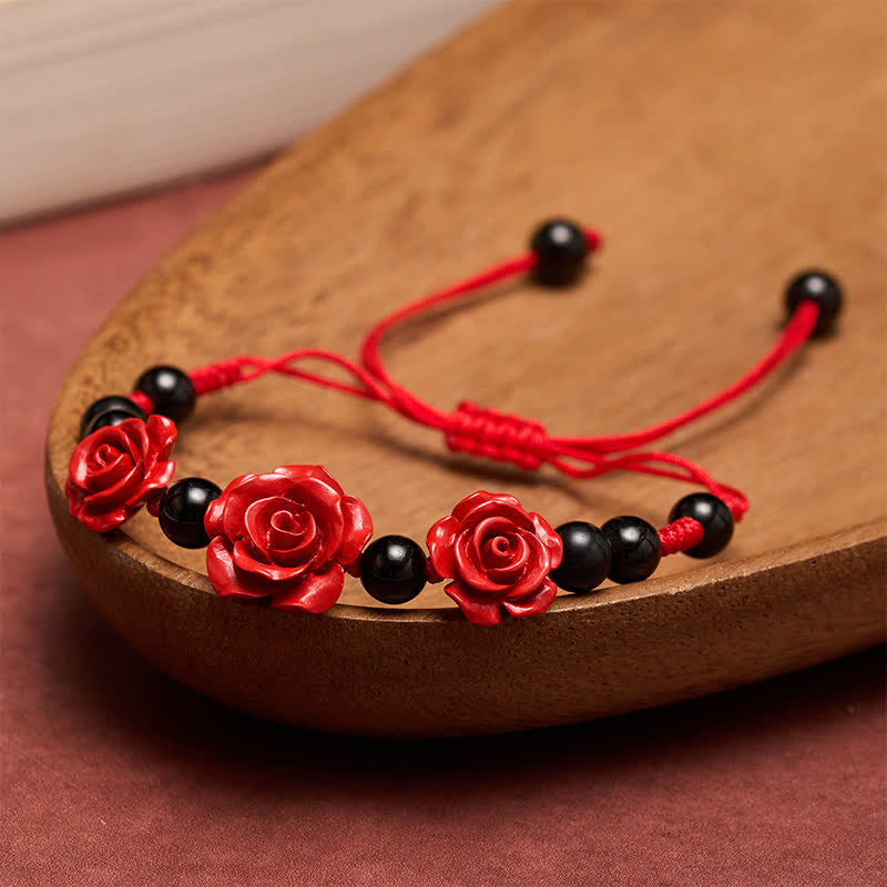 Buddha Stones Cinnabar Rose Black Onyx Red String Concentration Bracelet - Red String(Protection ♥ Luck) - image 0