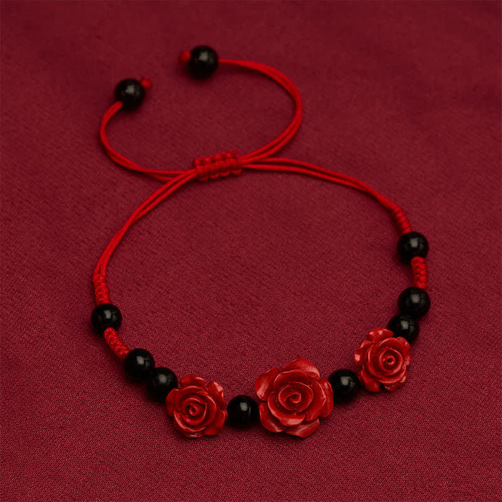 Buddha Stones Cinnabar Rose Black Onyx Red String Concentration Bracelet - image 1