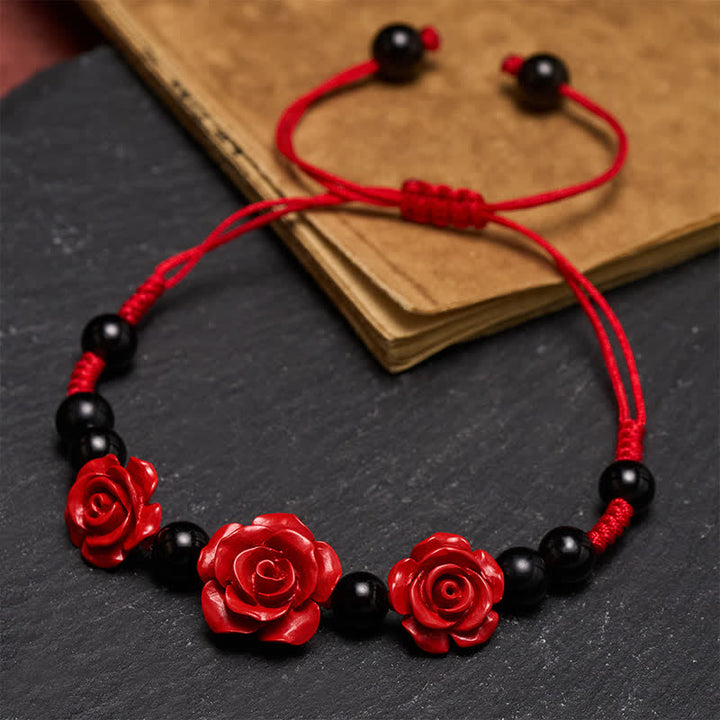 Buddha Stones Cinnabar Rose Black Onyx Red String Concentration Bracelet - image 4