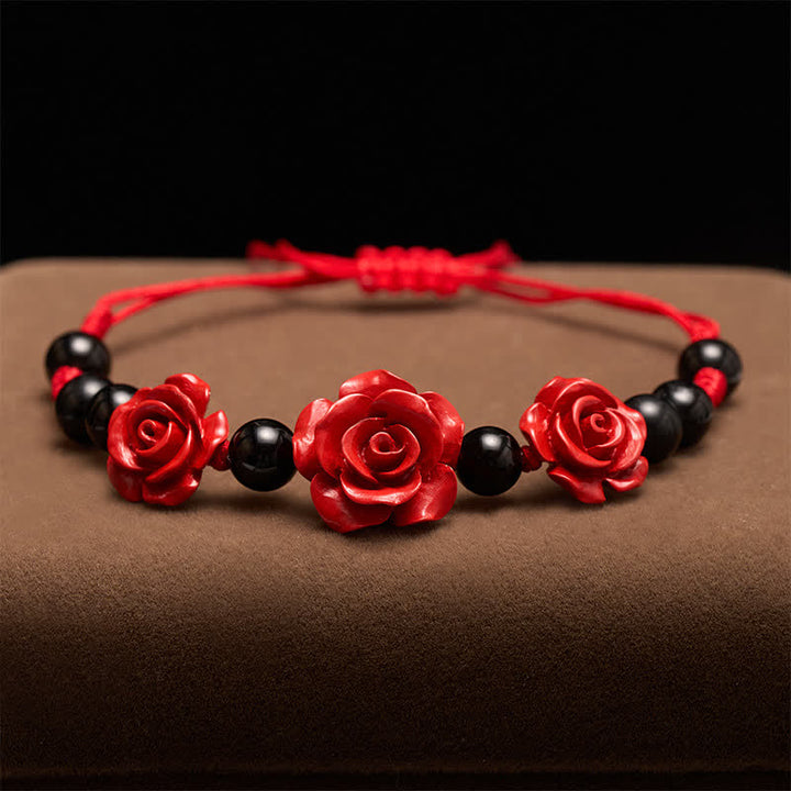 Buddha Stones Cinnabar Rose Black Onyx Red String Concentration Bracelet - image 2