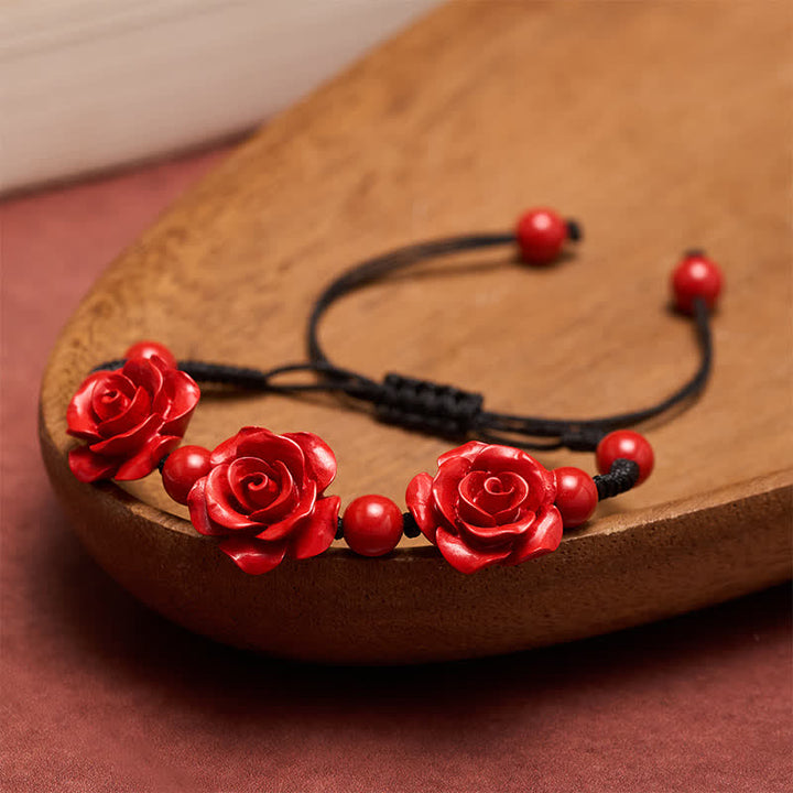 Buddha Stones Cinnabar Three Roses Black String Blessing Bracelet - Cinnabar(Calm ♥ Concentration) - image 0