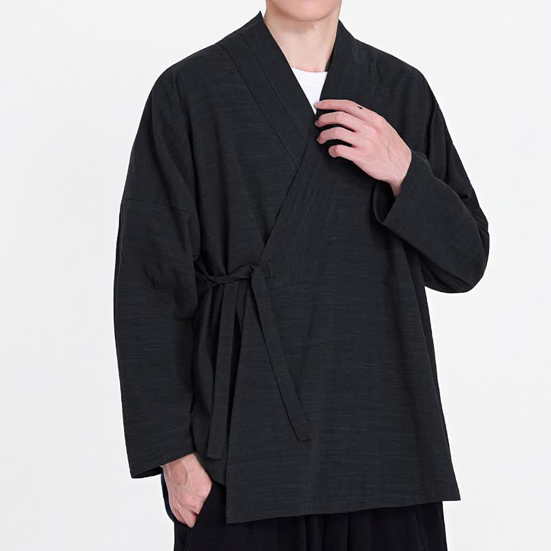 Buddha Stones Spring Fall Minimalist Tang Style Drawstring Solid Men's Kimono - image 7