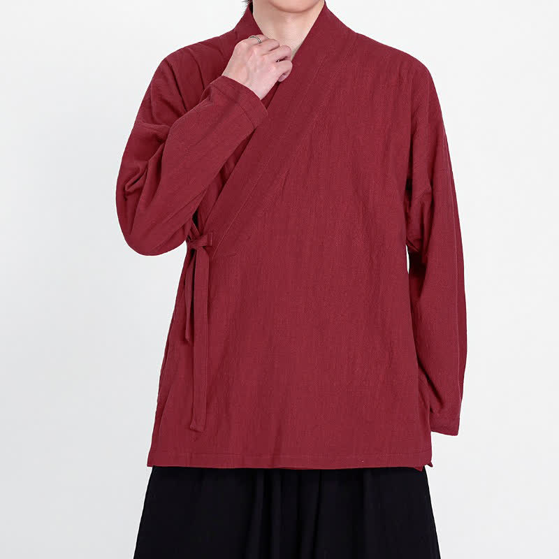 Buddha Stones Spring Fall Tang Style Minimalist Drawstring Solid Men's Kimono - image 10