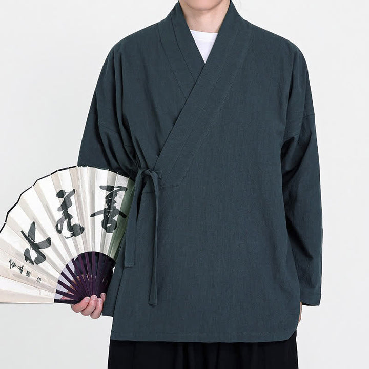 Buddha Stones Spring Fall Tang Style Minimalist Drawstring Solid Men's Kimono - image 1