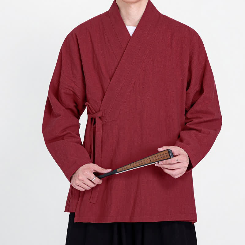 Buddha Stones Spring Fall Tang Style Minimalist Drawstring Solid Men's Kimono - Crimson - US/UK/AU46, EU56 (5XL) - image 5