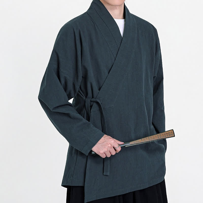 Buddha Stones Spring Fall Tang Style Minimalist Drawstring Solid Men's Kimono - image 4
