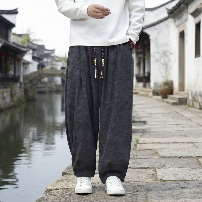 Buddha Stones Fall Winter Casual Vintage Drawstring Solid Ankle Pants Corduroy Men's Straight Leg Pants With Pockets - Black - US/UK/AU48, EU58 (6XL) - image 0