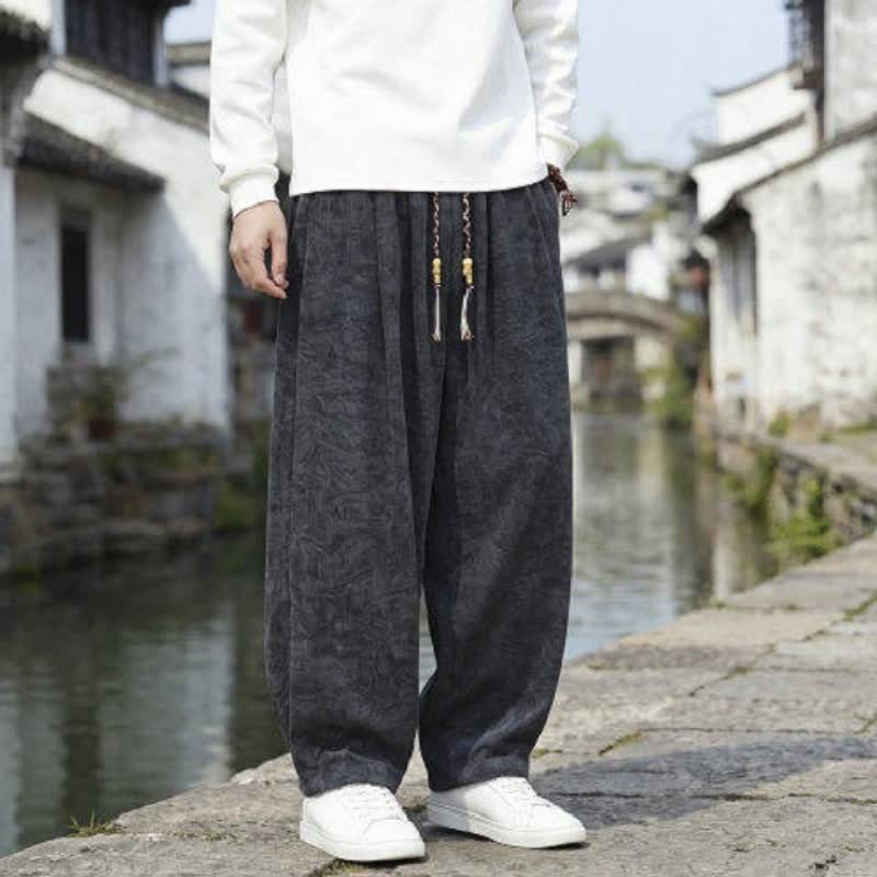 Buddha Stones Fall Winter Casual Vintage Drawstring Solid Ankle Pants Corduroy Men's Straight Leg Pants With Pockets - image 1
