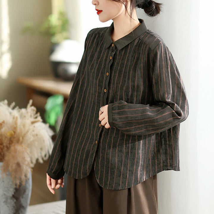Buddha Stones Fall Casual Vintage Button-Up Striped Women's Long Sleeve Shirts - image 16