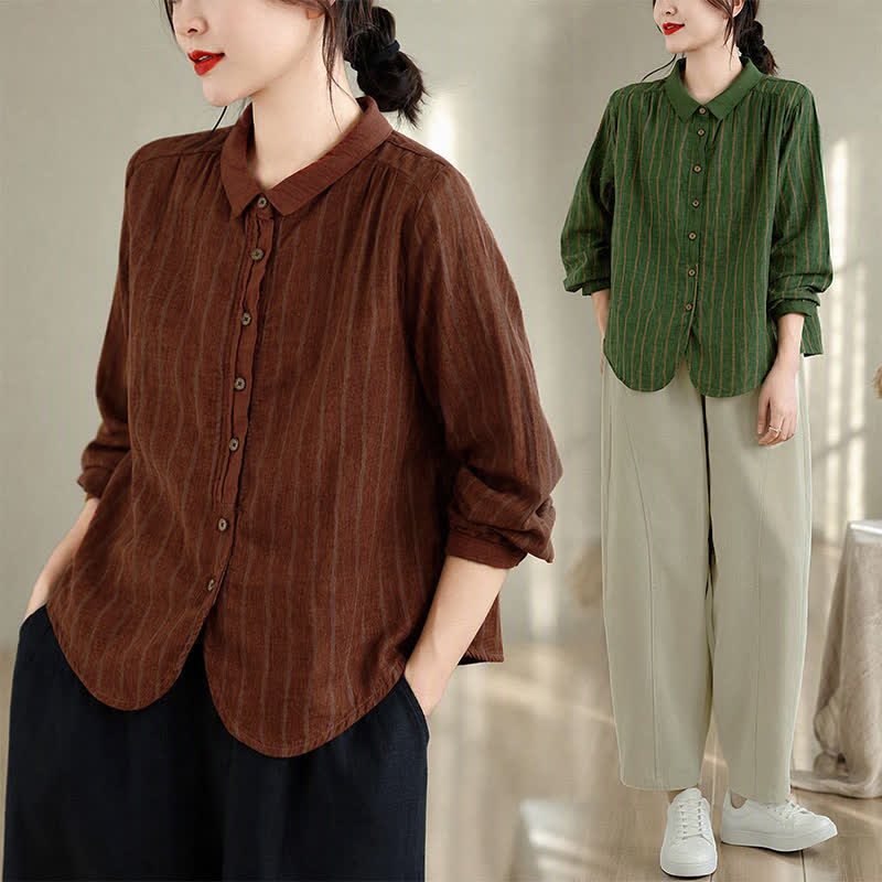 Buddha Stones Fall Casual Vintage Button-Up Striped Women's Long Sleeve Shirts - image 19