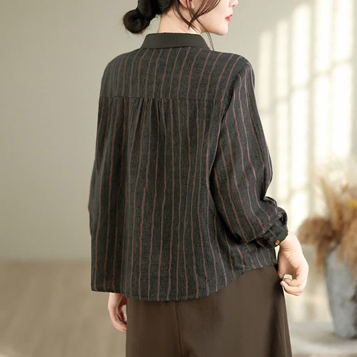 Buddha Stones Fall Casual Vintage Button-Up Striped Women's Long Sleeve Shirts - image 17
