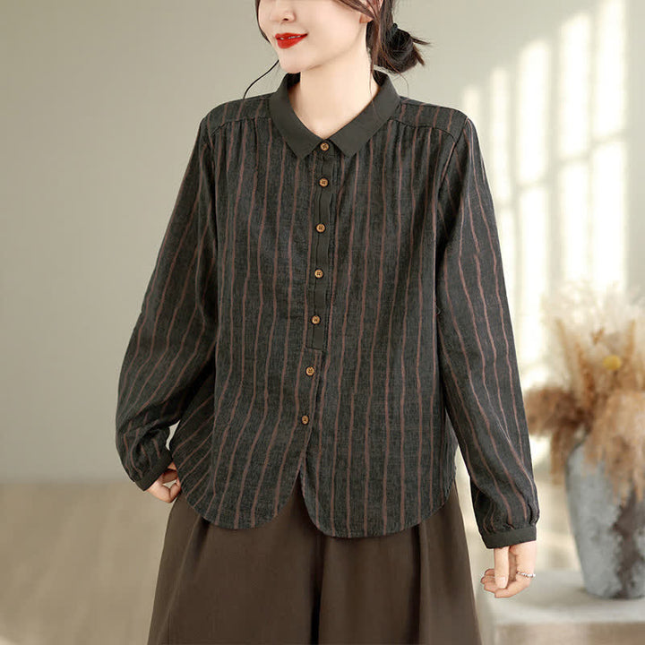 Buddha Stones Fall Casual Vintage Button-Up Striped Women's Long Sleeve Shirts - image 15