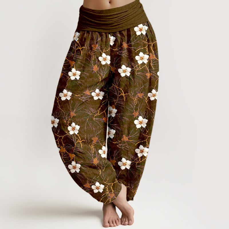 Buddha Stones Cotton White Blossom Vine Pattern Women's Elastic Waist Harem Pants - SaddleBrown - US16，UK/AU20，EU48 (3XL) - image 8
