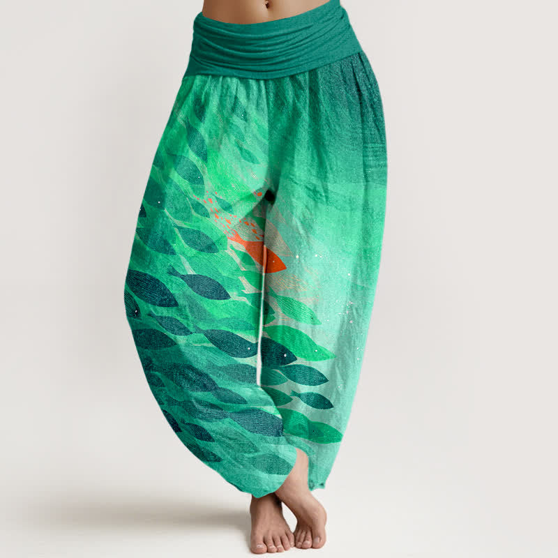 Buddha Stones Cotton Ocean Fish Pattern Women's Elastic Waist Harem Pants - Turquoise - US16，UK/AU20，EU48 (3XL) - image 5