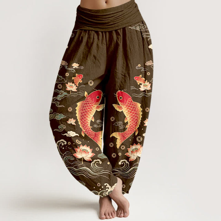 Buddha Stones Cotton Auspicious Koi Lotus Pattern Women's Elastic Waist Harem Pants - SaddleBrown - US16，UK/AU20，EU48 (3XL) - image 8