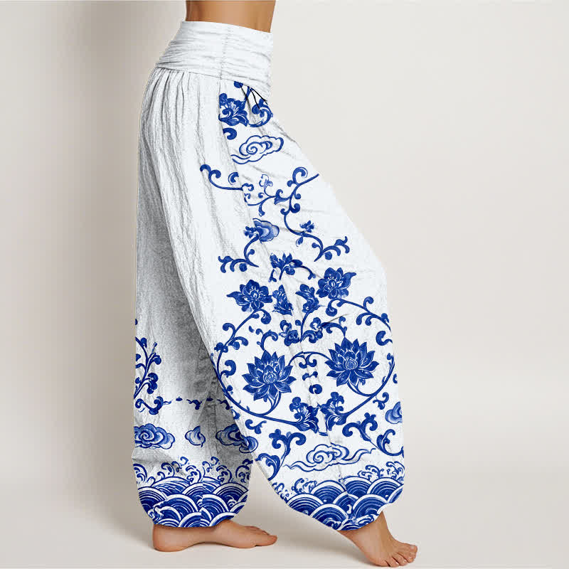 Buddha Stones Cotton Lotus Scroll Pattern Women's Elastic Waist Harem Pants - image 1