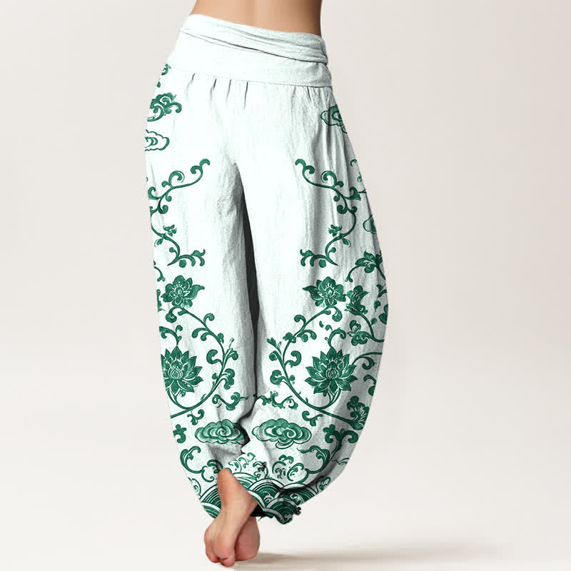 Buddha Stones Cotton Lotus Scroll Pattern Women's Elastic Waist Harem Pants - image 10