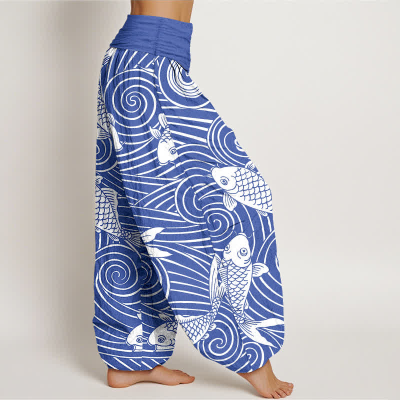 Buddha Stones Cotton Koi Wave Pattern Women's Elastic Waist Harem Pants - image 1
